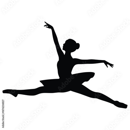 Graceful ballerina performing a dynamic leap in a classic ballet pose silhouette