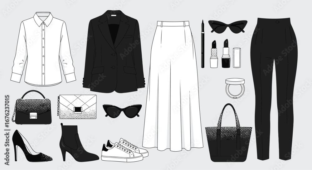 Chic ensemble showcasing modern style with blazer, pants, skirt, blouse, shoes, and accessories