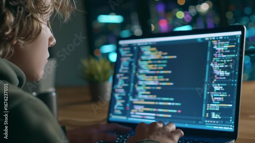 A person is typing on a laptop computer. Concept of focus and concentration as the person works on their computer. The laptop screen displays a complex code