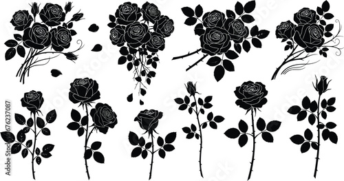 Elegant black rose silhouettes capture timeless romance and natural beauty for any design project