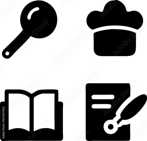 Culinary icons show cooking research, recipe book, chef's hat, and culinary writing