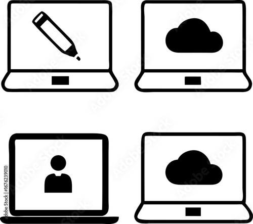 Modern laptop icons representing cloud computing, profile access, and content creation tools