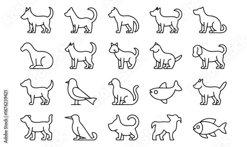 Minimal Animal Line Icon Set – Cat, Dog, Rabbit, Fish, and Bird Symbols for Adoption, Shelter, and Pet Care Design Concepts