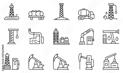 Oil and Gas Industrial Icon Set – Pumpjack, Fuel Drop, Refinery Plant, Pipeline, and Tanker Truck Symbols for Energy and Extraction Projects