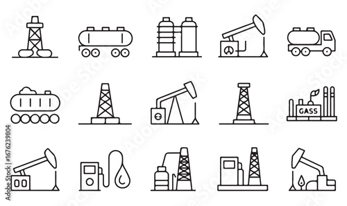 Outline Icons of Oil and Gas Industry – Drilling Rig, Pumpjack, Refinery, Tanker Truck, and Petroleum Factory Symbols for Energy and Industrial Projects