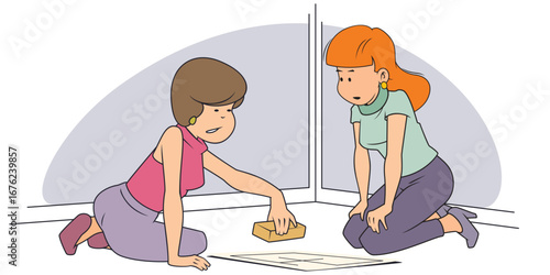 Girls are discussing renovation.