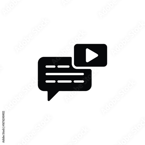 Chat Box with Play Button, Black Icon on Transparent Background, Message Concept