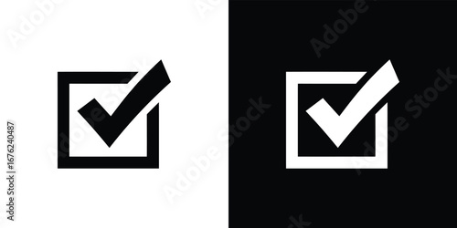 Checkmark Box Design, Square Tick Icon, Black and White Version, Confirmation Symbol