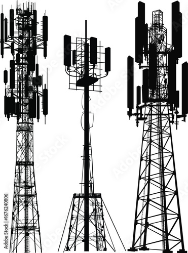 group with black three antenna towers on white