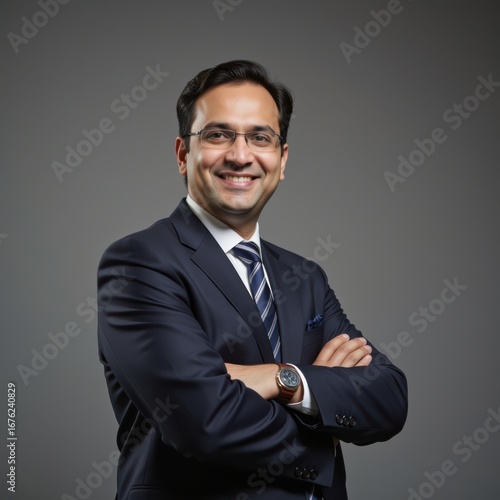 A professional profile photo of an indian business man wearing suit and tie smiling with arms crossed on grey background Professional Worker Portrait Ultra realistic Photorealistic  capture subjec