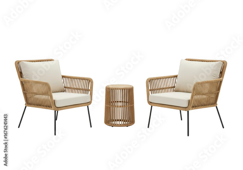 Two rattan chairs with a small table isolated on transparent background