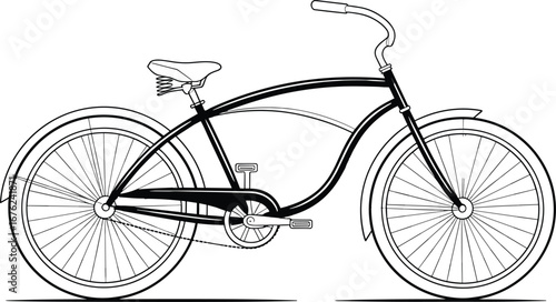classic cruiser bicycle, vintage style bike, black and white line art, detailed vector illustration, retro transport design, isolated on white background