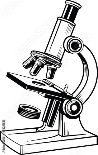 Compound microscope, laboratory equipment, scientific instrument, biology research tool, optical magnification device, educational science diagram, medical lab
