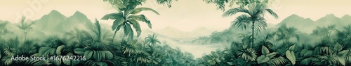 Lush green jungle landscape with distant mountains.