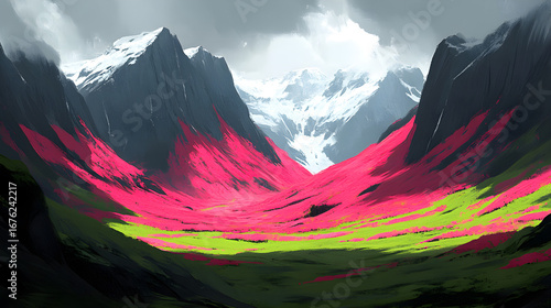 Majestic panorama of a fiery sunset over snowy peaks and a serene valley in the high Alps