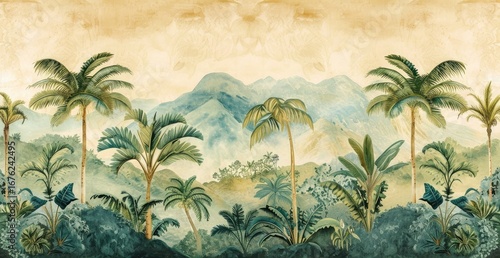 Scenic tropical landscape with lush mountains.