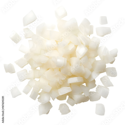 Diced raw white onion on a contrasting black background for culinary use