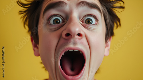 Wildly expressive face with wide-eyed surprise and a gaping mouth, showcasing a burst of excitement, shock, or absurdity in a humorous and exaggerated reaction.