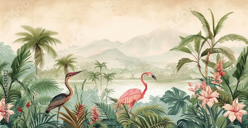 Tropical landscape with vibrant birds and lush foliage.