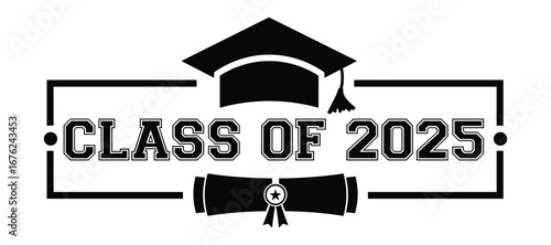 Graduation cap and diploma emblem celebrating the class of 2025 academic achievement and future success