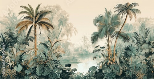 Lush tropical jungle with serene water view