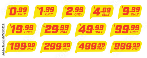 Collection of bright yellow price tags displaying various dollar amounts in red text for retail sales and discounts