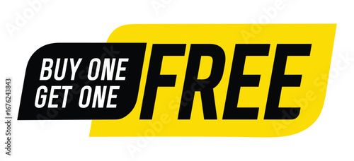Buy one, get one free special offer label. Sale retail business promotion sticker. Marketing advertising black and yellow label template vector illustration