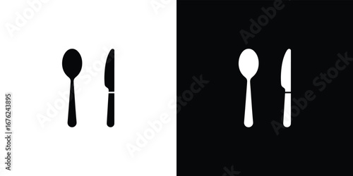 Spoon and Knife Duo, Black and White Icons, Culinary Art, Kitchen Theme