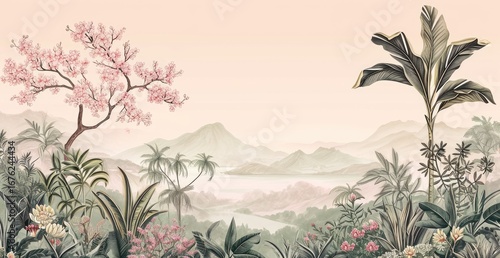 Serene tropical landscape illustration at dawn