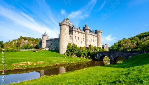 Grand castle overlooking a river valley under a clear sky