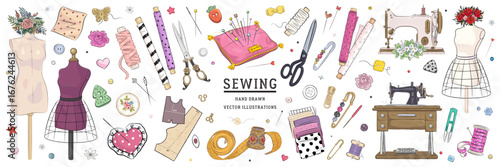 Vector hand drawn sewing retro set. Collection of highly detailed hand drawn sewing tools isolated on background