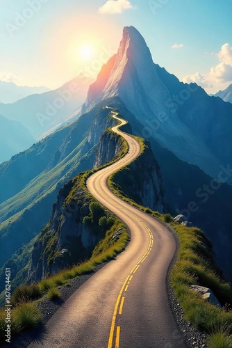 A winding road ascending a mountain, representing the journey of a career path, with sunlight illuminating the peak ahead, symbolizing success and achievement , goal, ambition