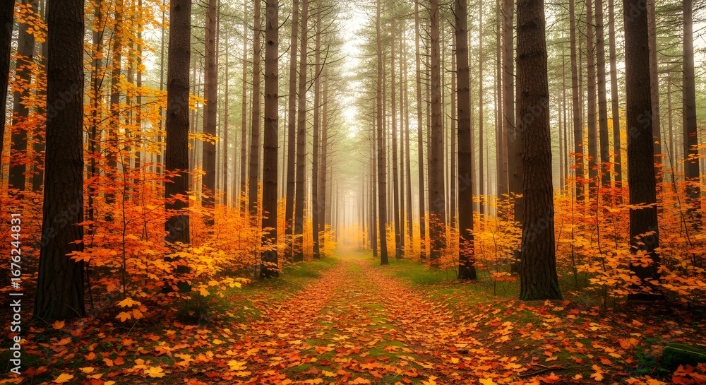Fototapeta premium Path through a forest with vibrant orange and yellow autumn leaves on the ground and trees
