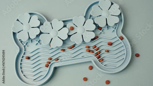 Blue bone shaped snuffle mat with kibble for dogs, flower shapes, learning game