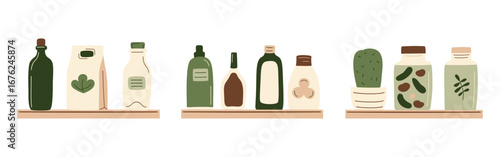Canned food, bottles and cactus products on shelf. Meal preserved in a glass jar from supermarket or farmer market in zero-waste packaging for eco-friendly design. Vector illustration in organic flat
