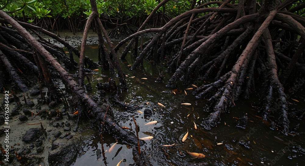 Fototapeta premium Mangrove roots create a natural habitat for small fish, showcasing an aquatic ecosystem.