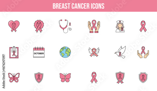 Breast Cancer Awareness Icon Set with Pink Ribbon Symbols, Medical Support, Nurse, Hands, Calendar, Earth, Butterfly, Dove, and Shield Elements