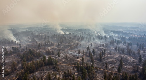Devastating aerial view of a forest after a wildfire, with smoke billowing.