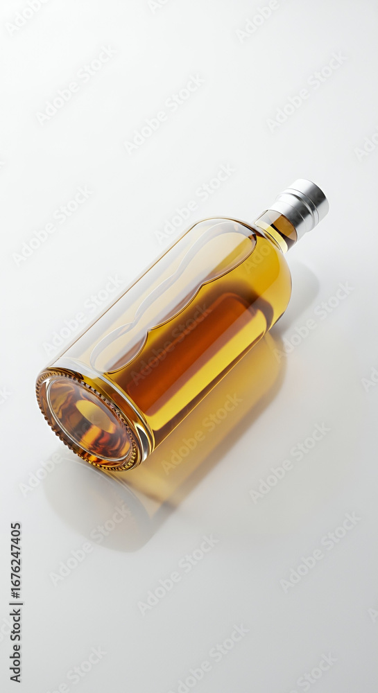 Fototapeta premium High-Angle View of Unlabeled Cachaça Bottle on White Minimalist Background