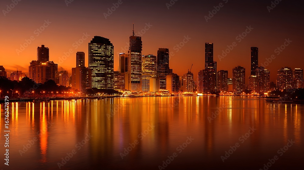 Fototapeta premium Downtown skyline glowing in golden evening tone