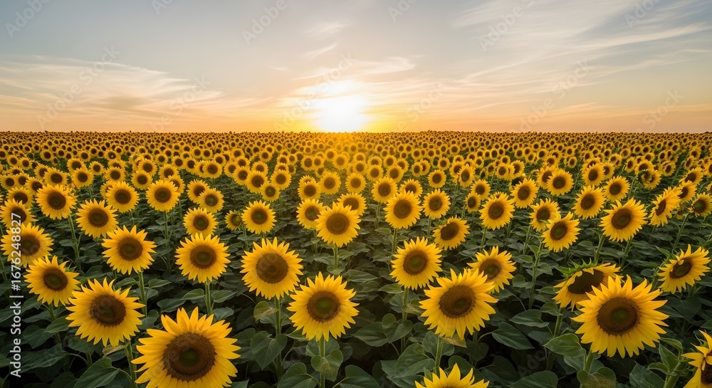 Fototapeta premium A vast field of sunflowers stretches towards the horizon at sunset, bathed in golden light