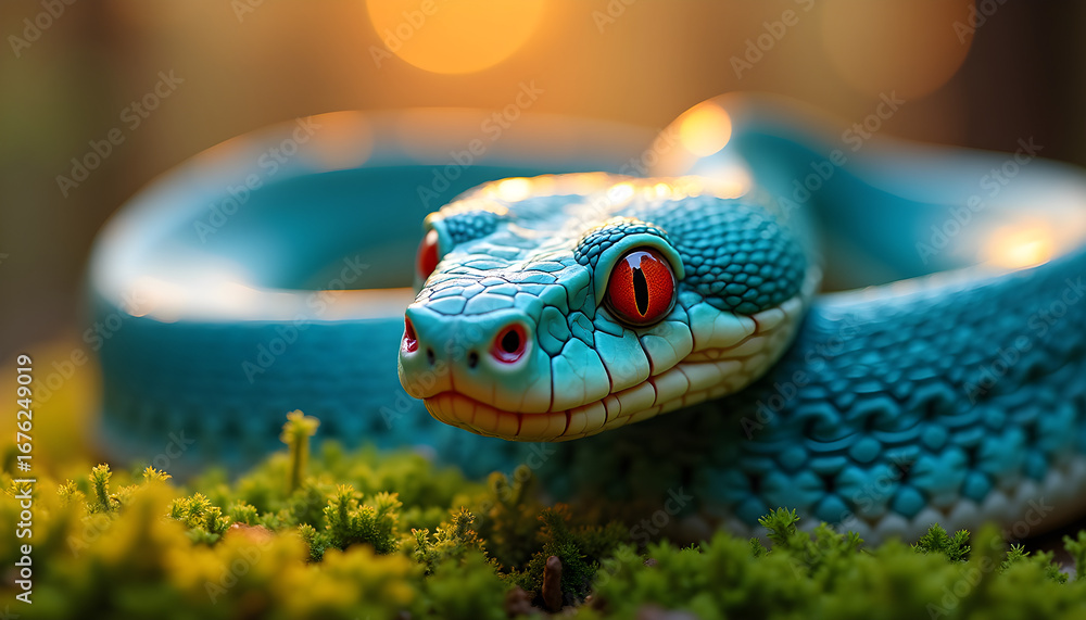 Fototapeta premium Close-Up of Vibrant Electric Blue Snake Resting on Green Moss in Warm Light