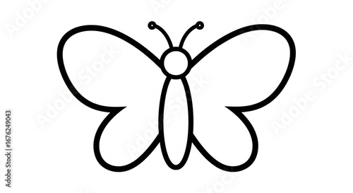 Simple black outline of a butterfly with two antennae on a plain white background. Minimalist design conveys delicacy. AI Generated