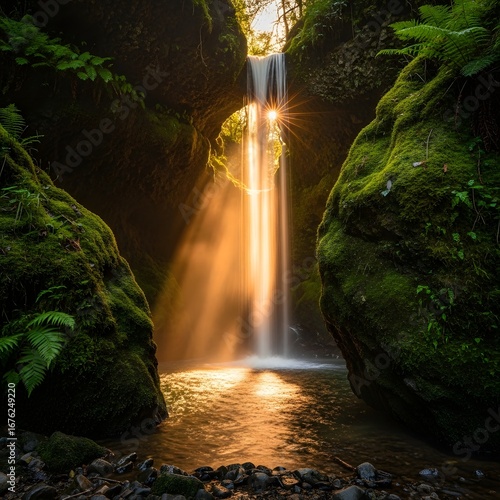 Sunlight streams through a waterfall in a lush green forest, creating a magical scene