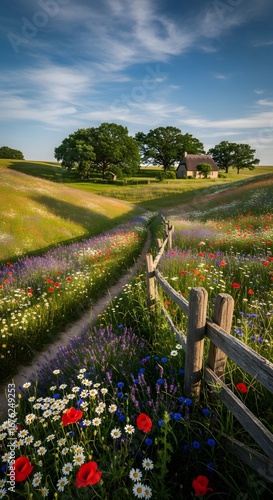 Idyllic countryside landscape with vibrant wildflowers and a rustic wooden fence
