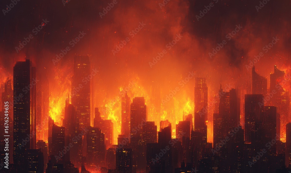Fototapeta premium City engulfed in fiery inferno at night