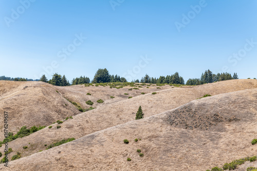 Anniversary trailhead, State Route 35 (SR 35), Skyline Boulevard. Santa Clara Valley Vista Point, San Mateo County, California. Santa Cruz Mountains. Cold summer mediterranean climate

