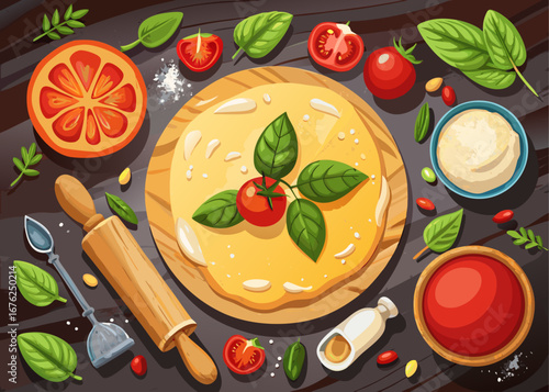 Rolled Out Pizza Dough with Fresh Ingredients