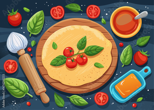 Rolled Out Pizza Dough with Fresh Ingredients