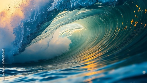 Fototapeta Naklejka Na Ścianę i Meble -  Powerful ocean wave curling and crashing at sunset with golden light reflecting on the water